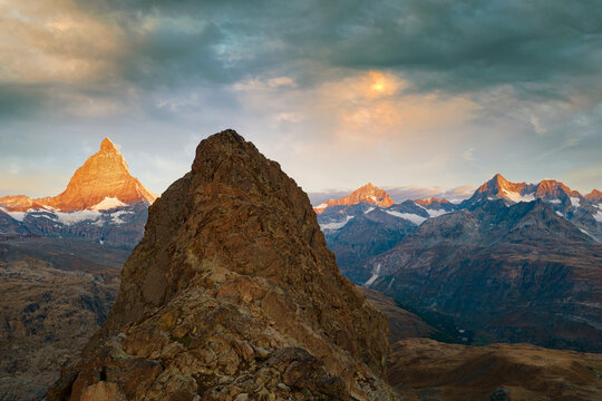 Sunrise over Matterhorn and Dent Blanche view from Riffelhorn, aerial view, Zermatt, canton of Valais, Switzerland