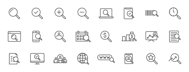 Set of 24 Search web icons in line style. SEO analytics, Digital marketing data analysis, Employee Management. Vector illustration.
