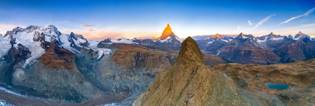 Aerial view of Breithorn, Matterhorn, Dent Blanche, Obergabelhorn, Zinalrothorn and Weisshorn, Zermatt, Valais canton, Switzerland