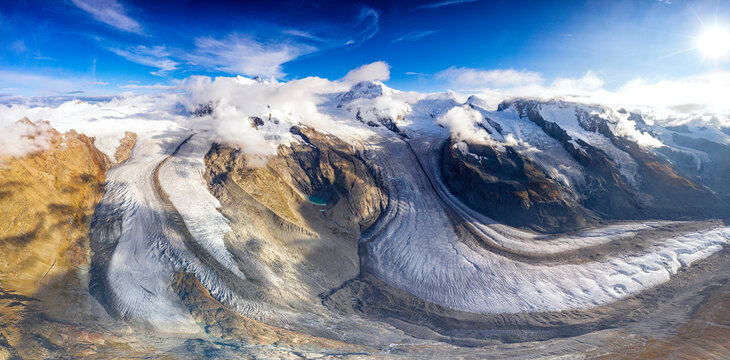 Sunny clear sky over Gorner Glacier (Gornergletscher), aerial view, Zermatt, canton of Valais, Switzerland
