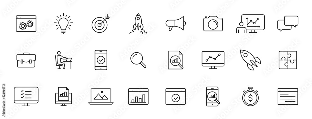 Wall mural set of 24 web development web icons in line style. marketing, analytics, e-commerce, digital, manage