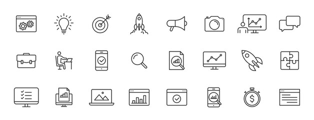 Set of 24 Web development web icons in line style. Marketing, analytics, e-commerce, digital, management, seo. Vector illustration.