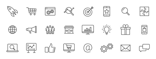 Set of 24 Digital Marketing web icons in line style. Social, networks, feedback, communication, marketing, ecommerce. Vector illustration.