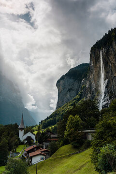The Staubbach Falls in summer, Lauterbrunnen, Bernese Oberland, canton of Bern, Switzerland