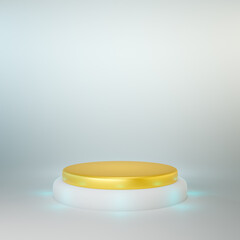 White and yellow-gold luxury podium on colorful light background. Mock up of empty pedestal in center. Platform as a abstract symbol. 3d render illustration.
