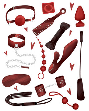 Set of illustrations of sex toys for a sex shop. Burgundy and red sex toys.
