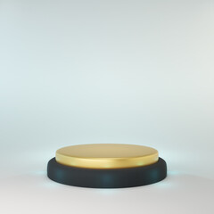 Dark blue with golden luxury podium on colorful light background. Mock up of empty pedestal in center. Platform as a abstract symbol. 3d render illustration.