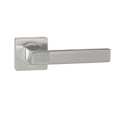 Door chrome door handle with straight square handle and round mirror insert at the square base on a white background.