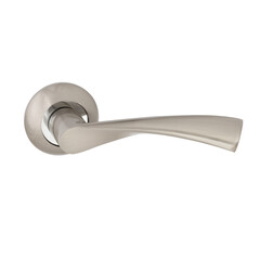Glossy satin entrance door handle on a round base with a mirrored insert and an anatomical spiral...