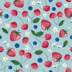 Fruits seamless pattern. Strawberry, cherry, and blossom. Romantic vintage background for textile, fabric, decorative paper. Vector