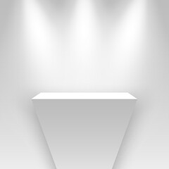 White exhibition stand, illuminated by spotlights. Blank podium. Pedestal. Vector illustration.
