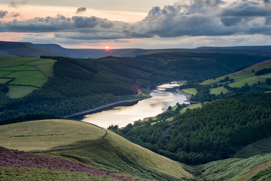 View of Ladybower Reservoir from Whinstone Lee Tor, at sunset, Peak District National Park, Derbyshire, England, United Kingdom