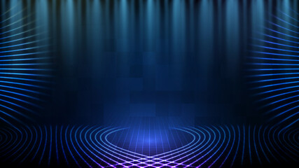 abstract futuristic background of blue empty stage and neon lighting spotlgiht stage background