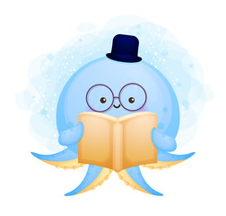 Cute doodle octopus read a book cartoon character Premium Vector