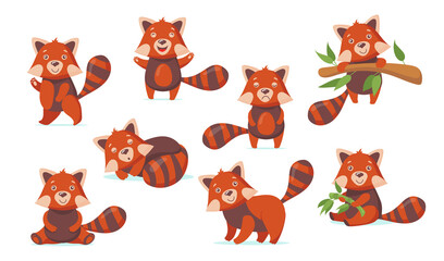 Funny red panda flat pictures set for web design. Cartoon cute Chinese bear character in different poses isolated vector illustrations. Forest animals and woodland concept © PCH.Vector