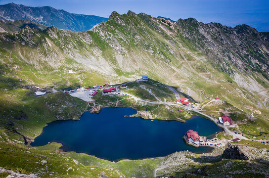 Elevated view over Balea Lake at 2034m altitude in the Fagaras Mountains in central Romania, Cartisoara, Sibiu County, Romania