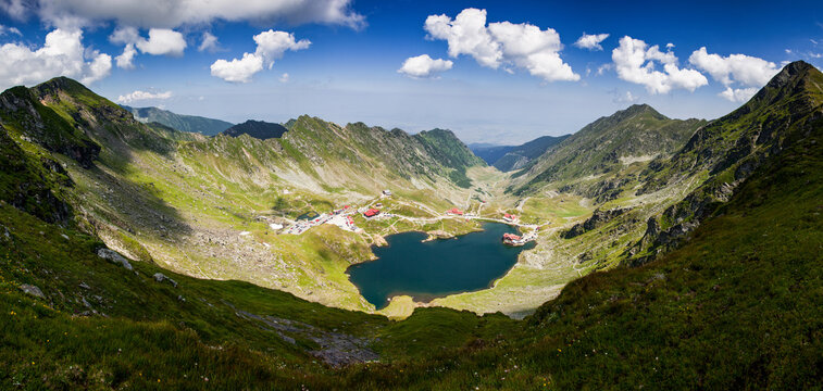 Elevated view over Balea Lake at 2034m altitude in the Fagaras Mountains in central Romania, Cartisoara, Sibiu County, Romania