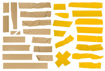 Big set of yellow and brown adhesive tape pieces - obrazy, fototapety, plakaty