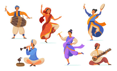 Stylish Indian street artists flat pictures for web design. Cartoon characters of musicians and dancers in traditional clothes isolated vector illustrations collection. Music and India concept