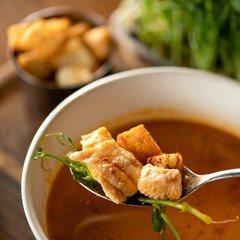 White meat and microgreen of peas in spoon against of Bowl with Orange tomato soup on blurred background. Nutritious wholesome food. Delicious and healthy lunch or dinner. Close up shot.