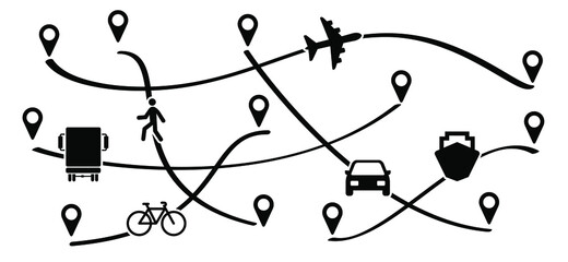 Route with start point GPS. Truck, plane, ship, bike, car and walking person. Cargo delivery, business concept. Vector transport pin location sign. Line path of transportation.