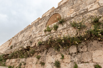The outer  walls of the Temple Mount in the Old Town of Jerusalem in Israel