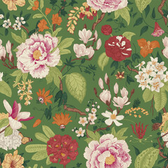 Bloom. Vintage floral seamless pattern. Spring flowers. Green