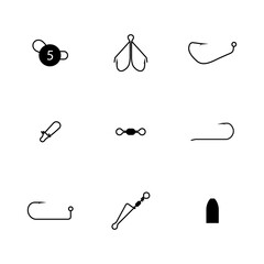 Set of different spinning fishing accessories and tackles, vector illustration.