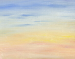 Soft colorful Summer sunset background. Gouache painting.