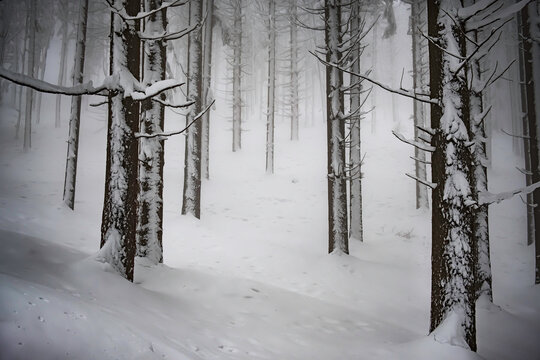 A foggy day in a wood covered by snow, Parco Regionale del Corno alle Scale, Emilia Romagna, Italy