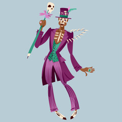 Dancing man in skull makeup dressed in Baron Samedi (Baron Saturday) costume.