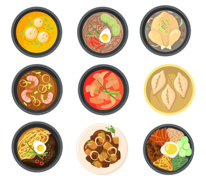 Top view of different dishes from South Korean flat pictures collection. Cartoon Asian soups, dumplings and meal on plates isolated vector illustrations. Traditional cuisine and food concept