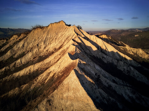 Aerial view over badlands ridge, Emilia Romagna, Italy