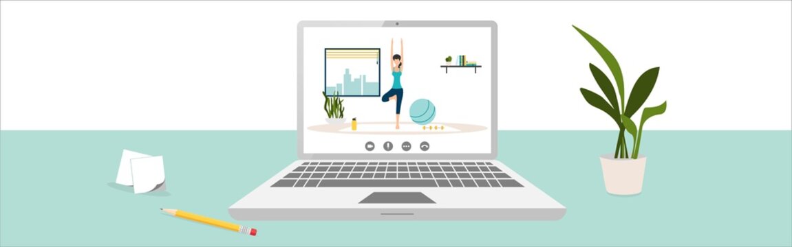 Workout online. Laptop and video of girl working out at home. Online videos of sports and fitness workouts. Workouts at home. Healthy lifestyle. Coronavirus quarantine isolation. Vector.