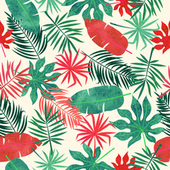 Tropische bladeren patroon. Naadloze vector rode en groene aquarel jungle tropic achtergrond.