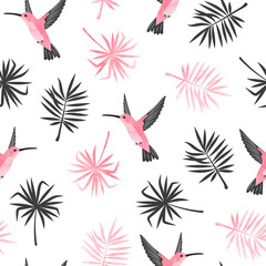 Hummingbirds and exotic tropical leaves pattern. Seamless watercolor tropic illustration.