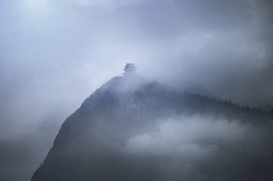 Misty pagoda in the fog on top of Emeishan, Sichuan, China
