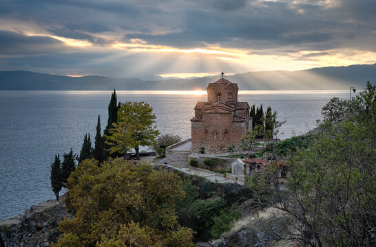 Sunset at Saint John at Kaneo, an Orthodox church situated on the cliff overlooking Lake Ohrid, UNESCO World Heritage Site, Ohrid, North Macedonia