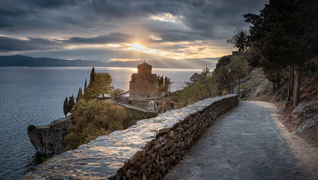 Panoramic at Saint John at Kaneo, an Orthodox church situated on the cliff overlooking Lake Ohrid, UNESCO World Heritage Site, Ohrid, North Macedonia