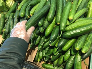 Buying a cucumber at the store. Coronavirus. Covid 2021. A gloved hand takes a cucumber off the counter