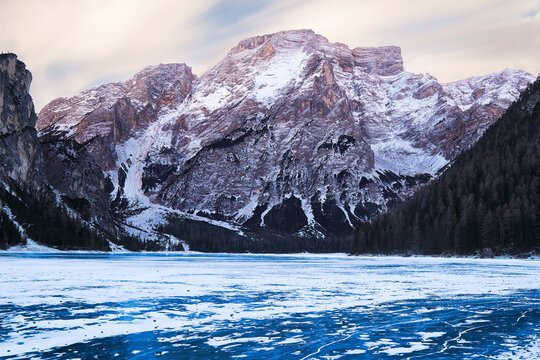 Lake Braies in the Italian dolomites completely frozen, Braies, Trentino-Alto Adige, Italy