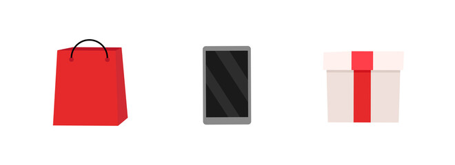 Gifts flat color vector objects set. Paper shopping bag. Present box. Phone. Purchase. Birthday gifts isolated cartoon illustration for web graphic design and animation collection