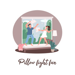 Couple having fun social media post mockup. Pillow fight phrase. Friends recreation. Web banner design template. Booster, content layout with inscription. Poster, print ads and flat illustration