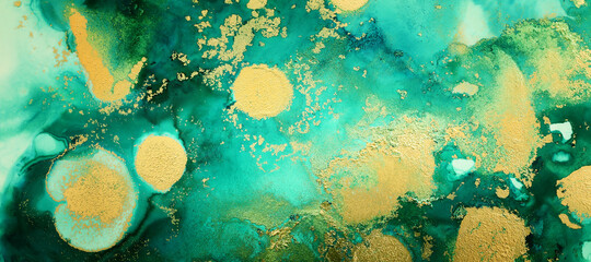 art photography of abstract fluid painting with alcohol ink, blue and gold colors