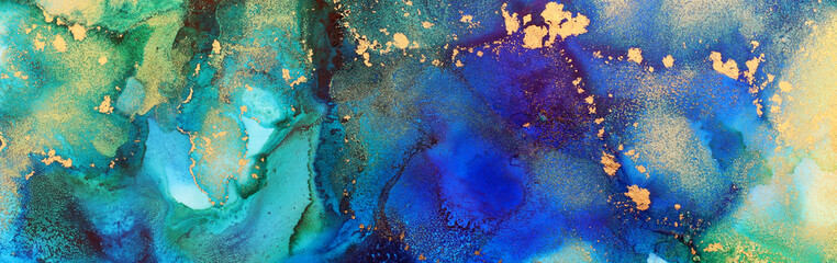 Fototapeta na wymiar art photography of abstract fluid art painting with alcohol ink, blue, green, yellow and gold colors