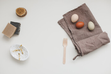 Zero waste kitchen accessories and natural laundry soap. Concept of plastic free and eco friendly products in household, top view