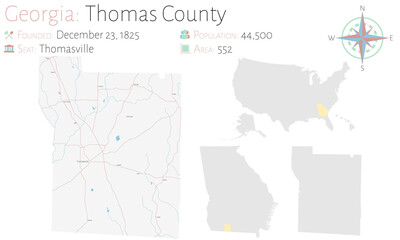Large and detailed map of Thomas county in Georgia, USA.