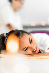 woman with happy smiling face relax to have good time in spa salon