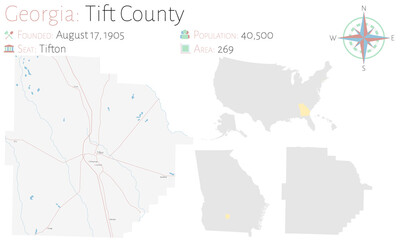 Large and detailed map of Tift county in Georgia, USA.