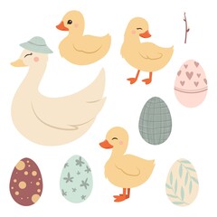 Cute Happy Easter yellow duckling Vector Illustration.